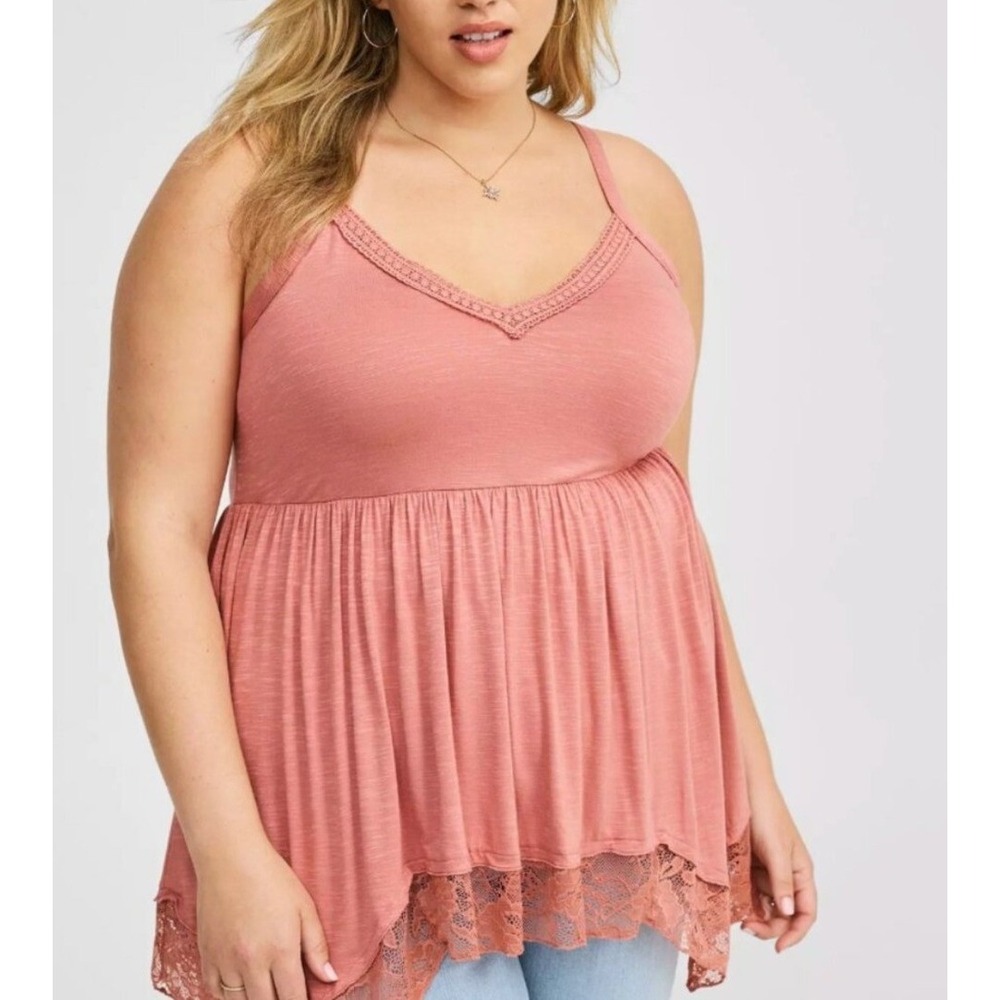 Torrid Cami 4X Pink Vintage Slub Lace Trim Hanky Hem Adjustable Babydoll Flowy